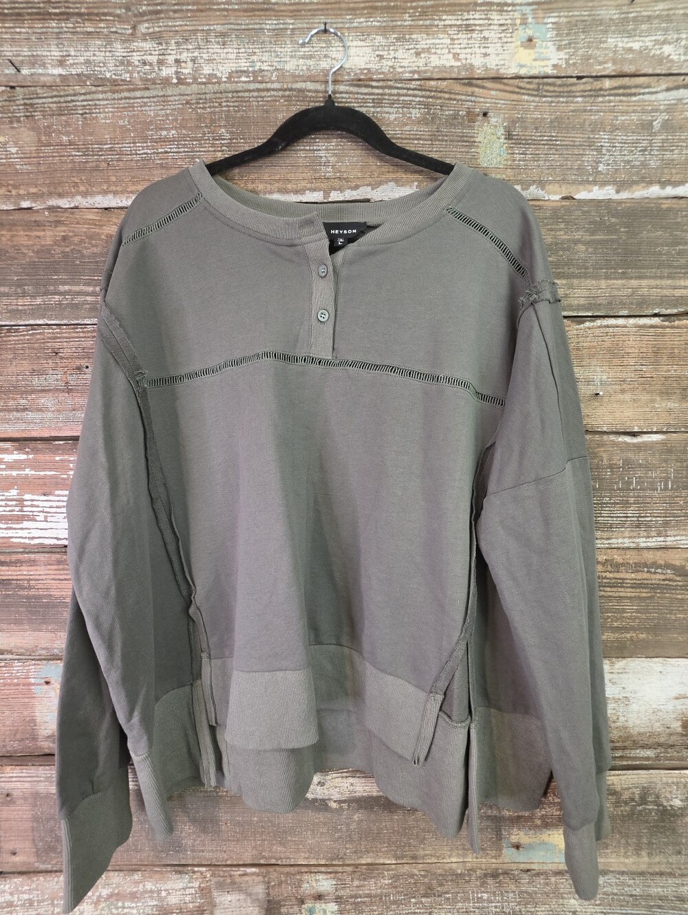 HEYSON Size L Oversized Olive Henley Sweatshirt Exposed Seam Raw Edge Pullover - Picture 2 of 5